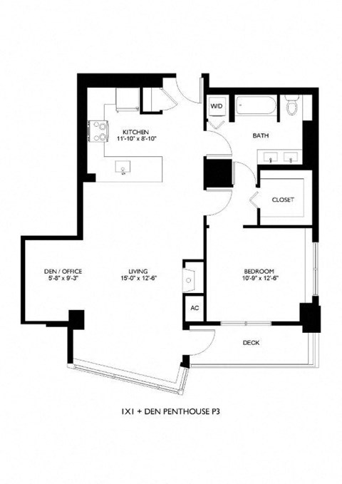 Floor plan for 1 bed, 1 bath, 967 sqft